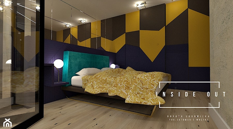 Apartament kolorowy - Średnia czarna szara żółta sypialnia, styl nowoczesny - zdjęcie od INSIDE OUT Dorota Lubowicka Projektowanie Wnętrz