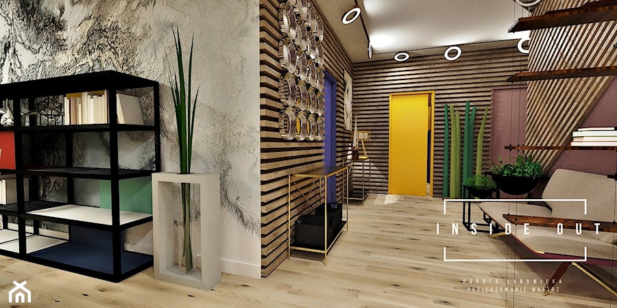 Apartament kolorowy - Duży szary hol / przedpokój, styl nowoczesny - zdjęcie od INSIDE OUT Dorota Lubowicka Projektowanie Wnętrz