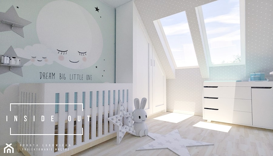 Pokój dla noworodka - Średni szary zielony pokój dziecka dla niemowlaka dla chłopca dla dziewczynki, styl skandynawski - zdjęcie od INSIDE OUT Dorota Lubowicka Projektowanie Wnętrz