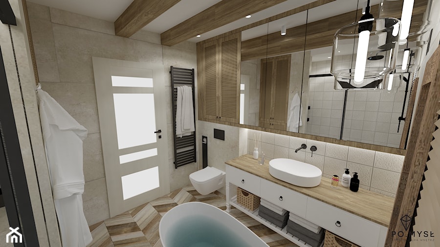 RUSTIC • projekt łazienki. - Średnia z lustrem z punktowym oświetleniem łazienka z oknem, styl rustykalny - zdjęcie od PO.MYSŁ