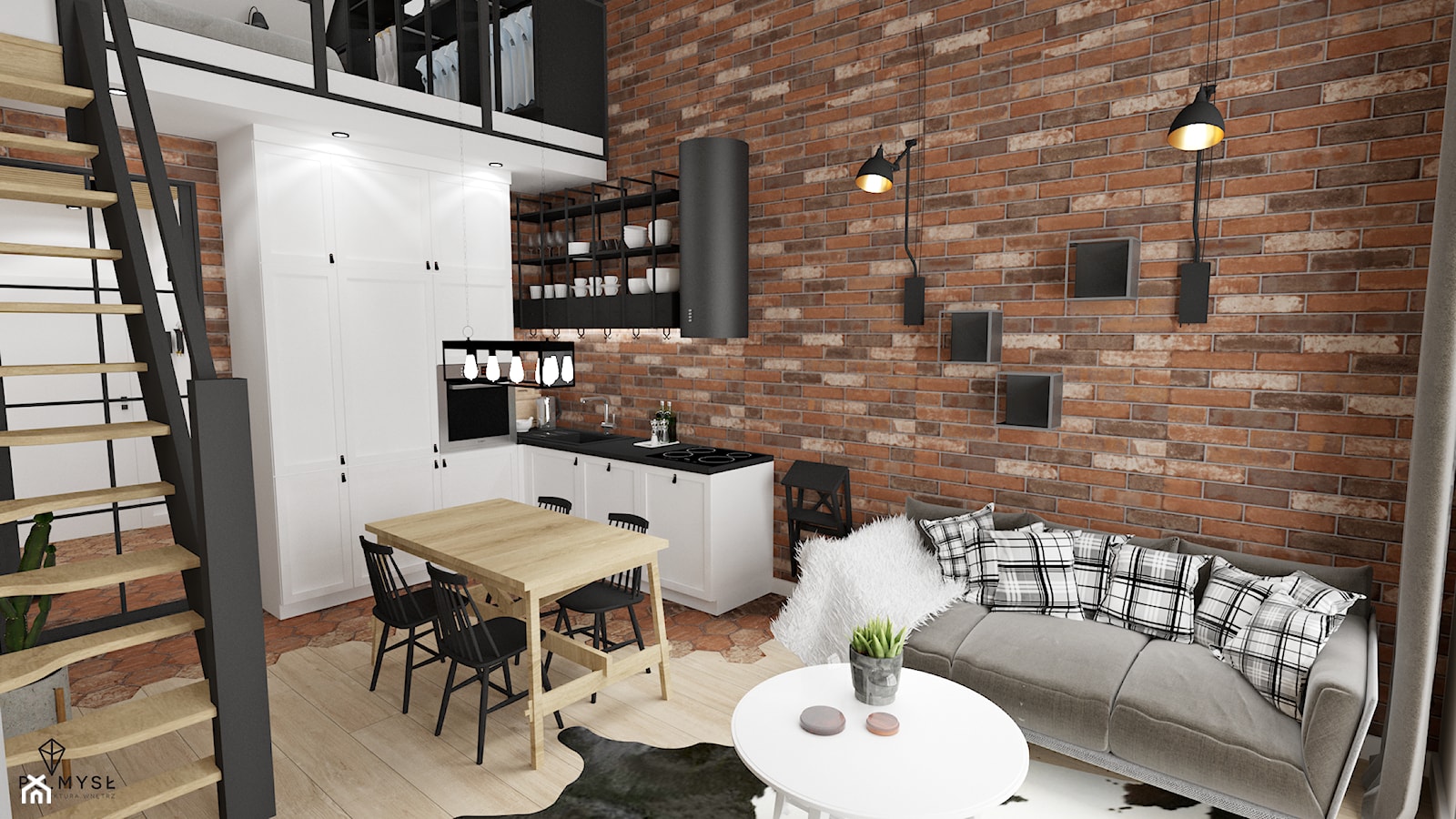 MINI LOFT • mieszkanie z antresolą. - Średni salon z kuchnią z jadalnią z antresolą, styl industrialny - zdjęcie od PO.MYSŁ - Homebook