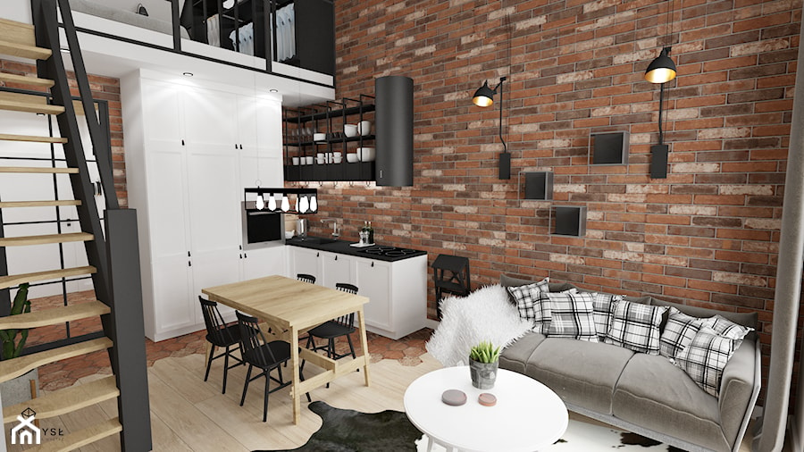 MINI LOFT • mieszkanie z antresolą. - Średni salon z kuchnią z jadalnią z antresolą, styl industrialny - zdjęcie od PO.MYSŁ