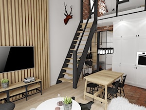 MINI LOFT • mieszkanie z antresolą. - Średni szary salon z kuchnią z jadalnią, styl industrialny - zdjęcie od PO.MYSŁ