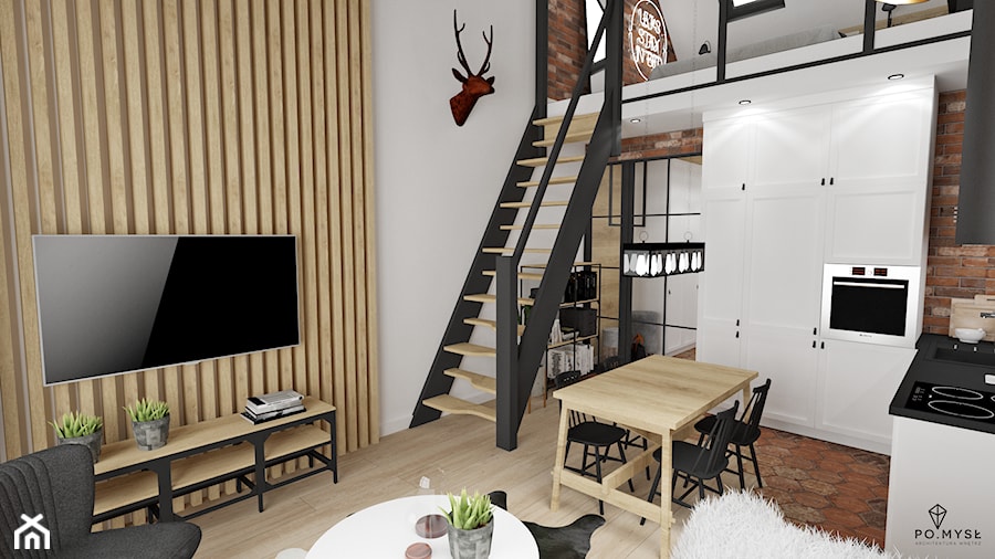 MINI LOFT • mieszkanie z antresolą. - Średni szary salon z kuchnią z jadalnią, styl industrialny - zdjęcie od PO.MYSŁ