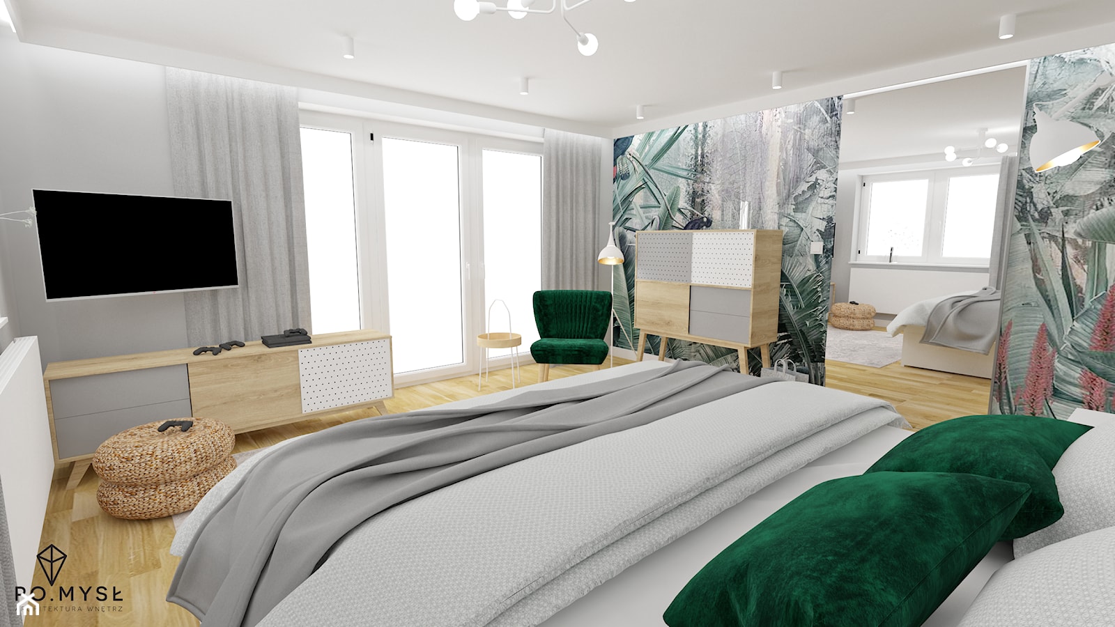 TROPICAL VIBE • zieleń w sypialni. - Średnia szara sypialnia, styl nowoczesny - zdjęcie od PO.MYSŁ - Homebook