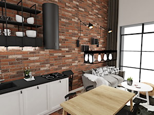 MINI LOFT • mieszkanie z antresolą. - Mała otwarta z salonem z zabudowaną lodówką z nablatowym zlewozmywakiem kuchnia jednorzędowa z oknem, styl industrialny - zdjęcie od PO.MYSŁ