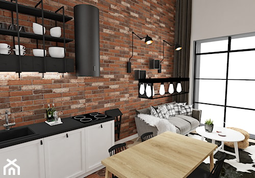 MINI LOFT • mieszkanie z antresolą. - Mała otwarta z salonem z zabudowaną lodówką z nablatowym zlewozmywakiem kuchnia jednorzędowa z oknem, styl industrialny - zdjęcie od PO.MYSŁ