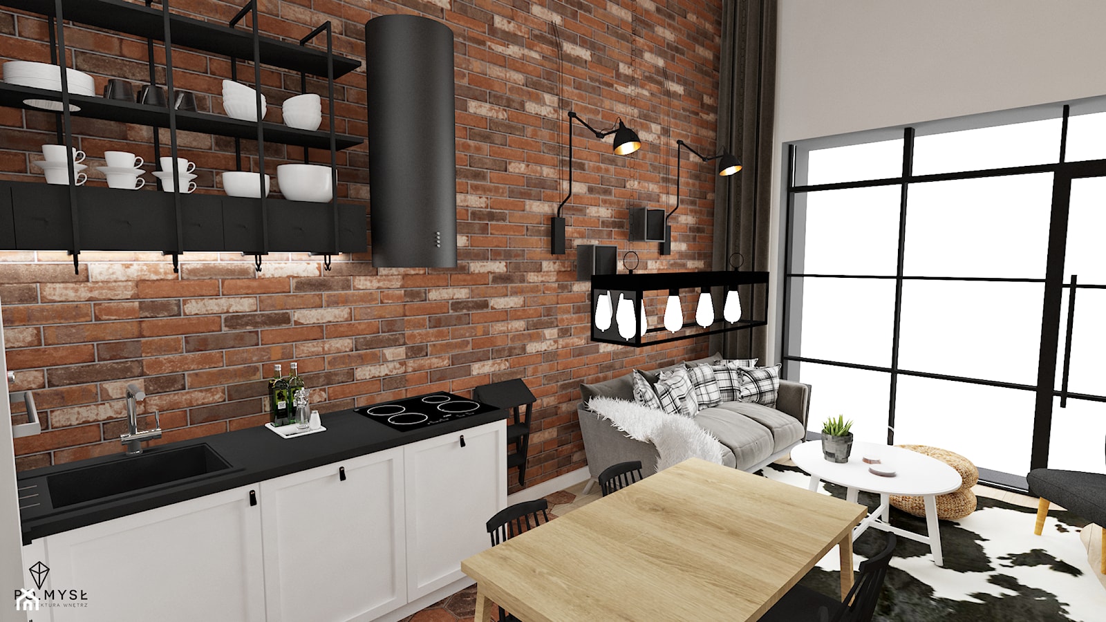 MINI LOFT • mieszkanie z antresolą. - Mała otwarta z salonem z zabudowaną lodówką z nablatowym zlewozmywakiem kuchnia jednorzędowa z oknem, styl industrialny - zdjęcie od PO.MYSŁ - Homebook