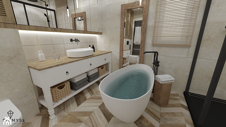 RUSTIC • projekt łazienki. - Średnia z lustrem łazienka z oknem, styl rustykalny - zdjęcie od PO.MYSŁ