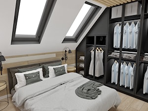 MINI LOFT • mieszkanie z antresolą. - Mała biała sypialnia na poddaszu z garderobą, styl industrialny - zdjęcie od PO.MYSŁ
