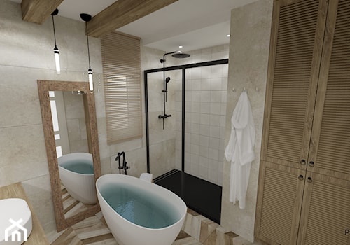 RUSTIC • projekt łazienki. - Średnia z lustrem z punktowym oświetleniem łazienka z oknem, styl rustykalny - zdjęcie od PO.MYSŁ