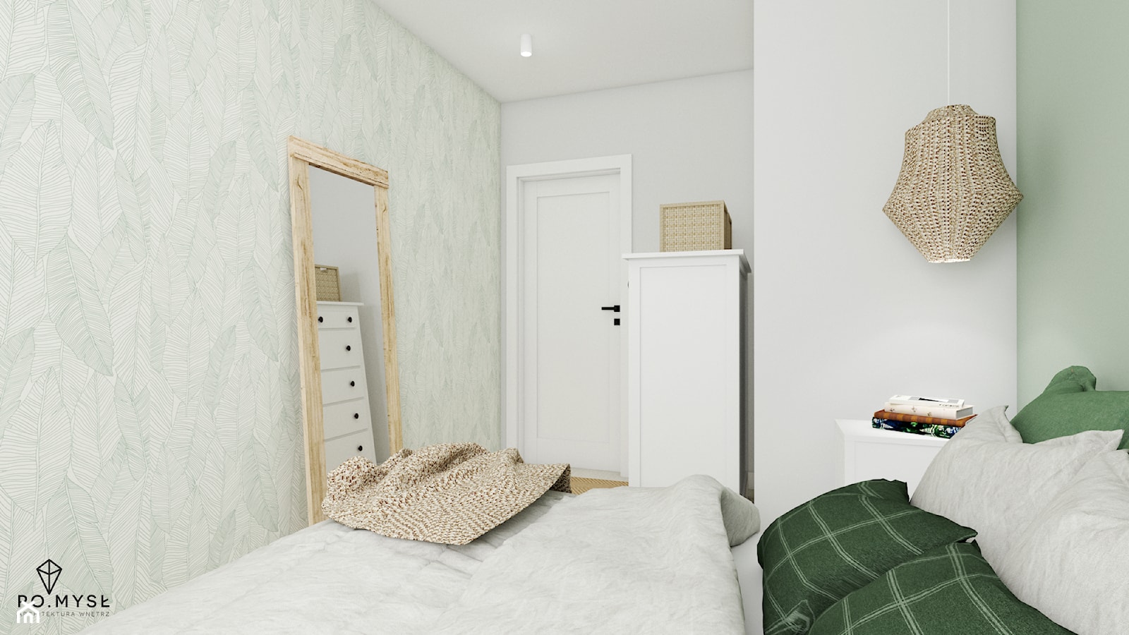 NATURALNE WNĘTRZE • juta, drewno i wiklina - Średnia biała zielona sypialnia, styl skandynawski - zdjęcie od PO.MYSŁ - Homebook