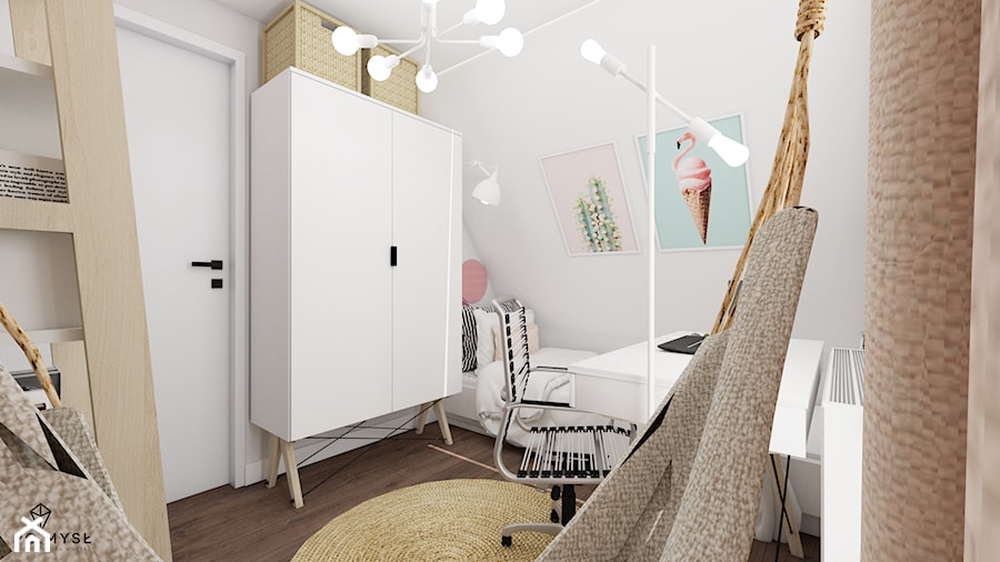 TROPIKALNIE • odważny pokój nastolatki - Średni biały pokój dziecka dla nastolatka dla dziewczynki, styl minimalistyczny - zdjęcie od PO.MYSŁ