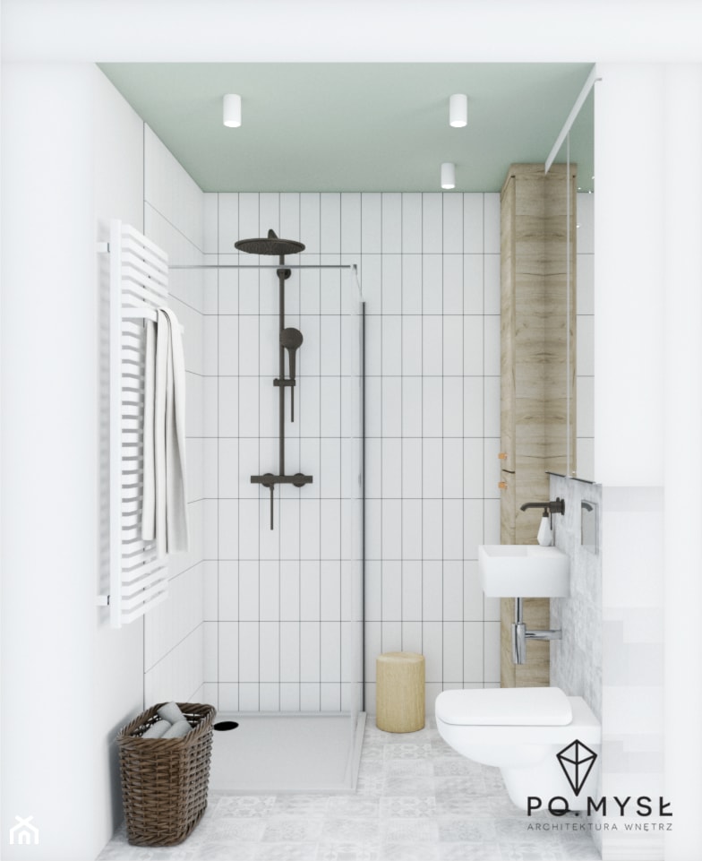 NATURALNE WNĘTRZE • juta, drewno i wiklina - Mała bez okna z lustrem z punktowym oświetleniem łazienka, styl skandynawski - zdjęcie od PO.MYSŁ