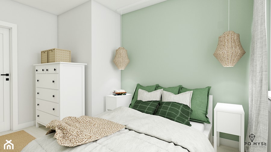 NATURALNE WNĘTRZE • juta, drewno i wiklina - Średnia biała zielona sypialnia, styl skandynawski - zdjęcie od PO.MYSŁ