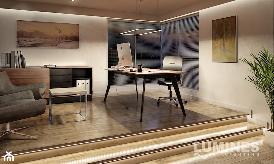 Domowe biuro z oświetleniem LED - Średnie w osobnym pomieszczeniu beżowe biuro, styl nowoczesny - zdjęcie od Lumines Lighting
