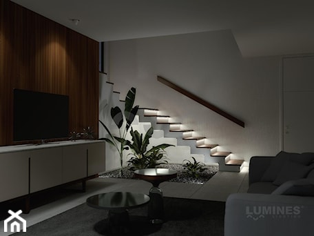 Aranżacje wnętrz - Schody: Nowoczesne oświetlenie schodów w salonie - Lumines Lighting. Przeglądaj, dodawaj i zapisuj najlepsze zdjęcia, pomysły i inspiracje designerskie. W bazie mamy już prawie milion fotografii!