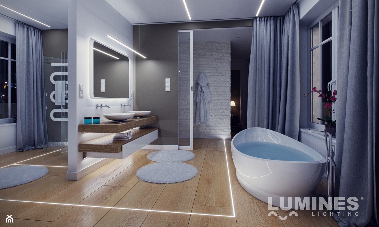 Łazienka z oświetleniem LED - Duża z dwoma umywalkami łazienka z oknem, styl nowoczesny - zdjęcie od Lumines Lighting - Homebook