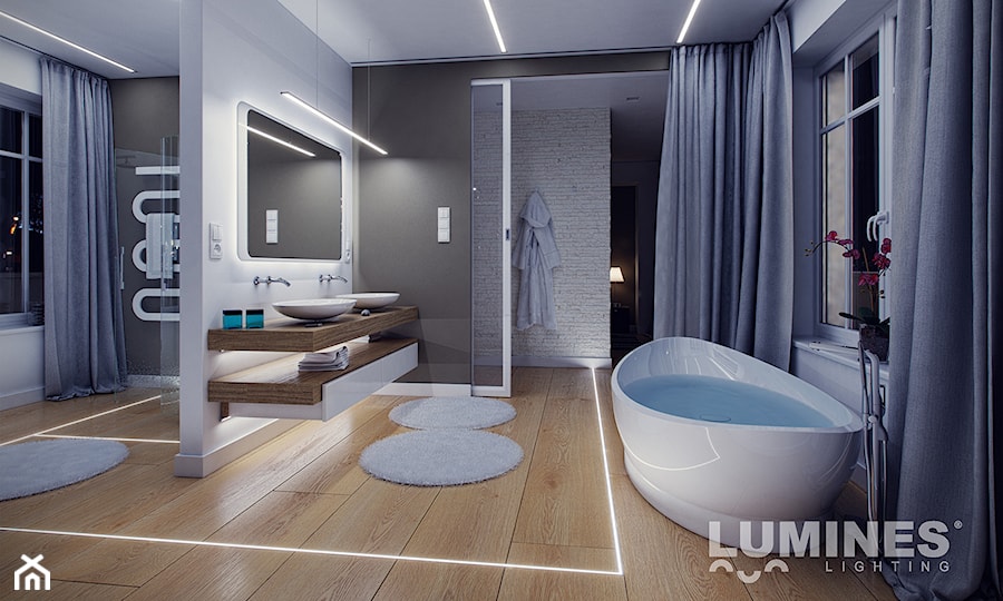 Łazienka z oświetleniem LED - Duża z dwoma umywalkami łazienka z oknem, styl nowoczesny - zdjęcie od Lumines Lighting