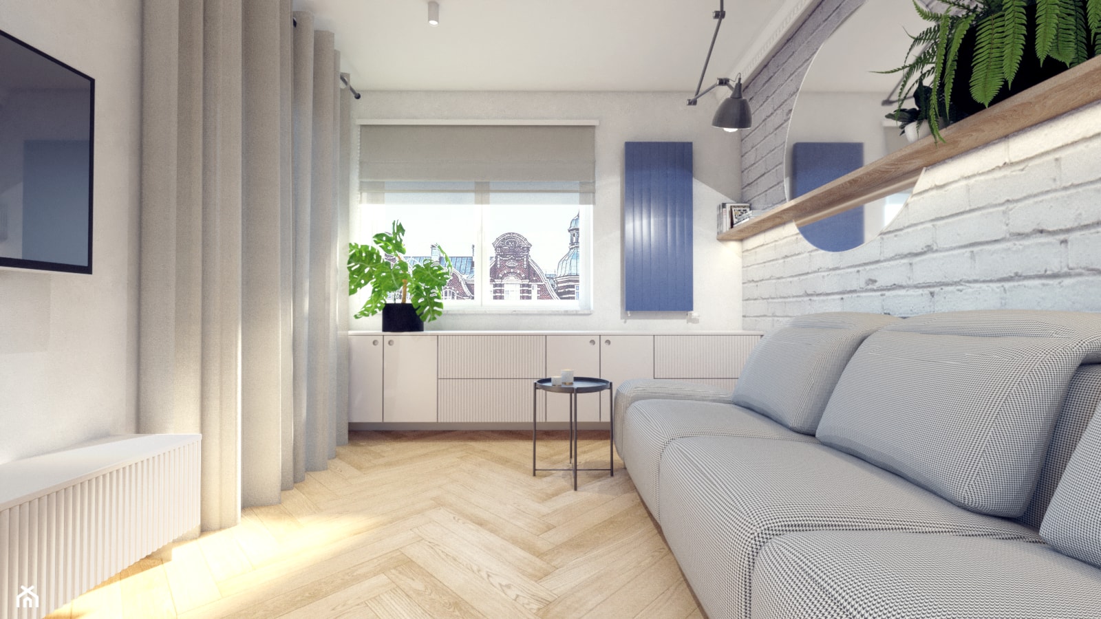 Salon ze ścianą z białej cegły - zdjęcie od NIÑAS New Interior Architecture Studio - Homebook