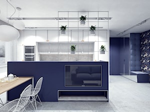 Salon / jadalnia / kuchnia - styl nowoczesny - minimalizm, granat, biel i ażur - zdjęcie od NIÑAS New Interior Architecture Studio