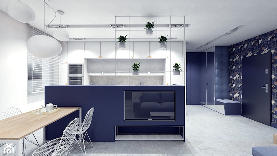 Salon / jadalnia / kuchnia - styl nowoczesny - minimalizm, granat, biel i ażur - zdjęcie od NIÑAS New Interior Architecture Studio
