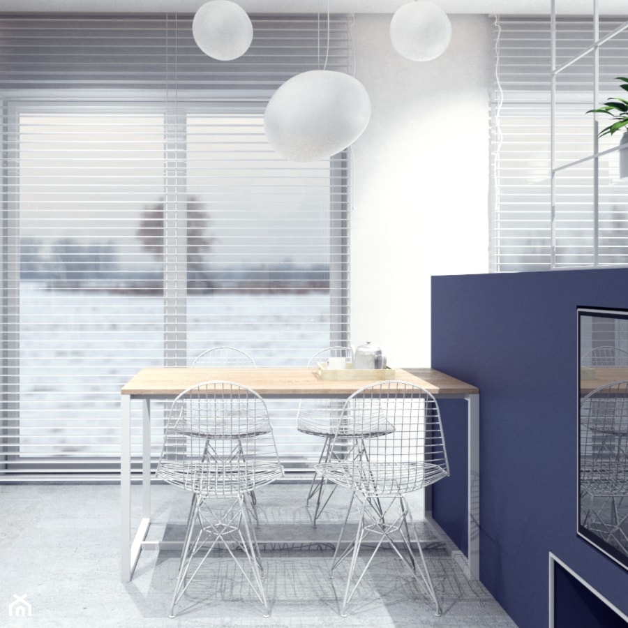 Salon / jadalnia - styl nowoczesny - minimalizm, granat, biel i ażur - zdjęcie od NIÑAS New Interior Architecture Studio
