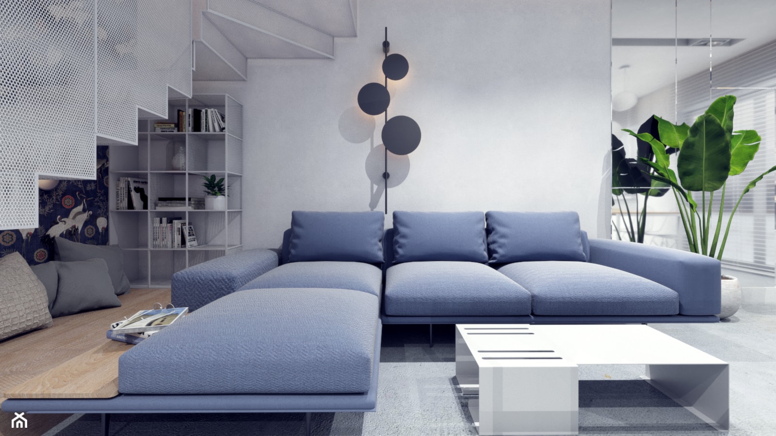 Salon / schody - styl nowoczesny - minimalizm, granat, biel i ażur - zdjęcie od NIÑAS New Interior Architecture Studio - Homebook