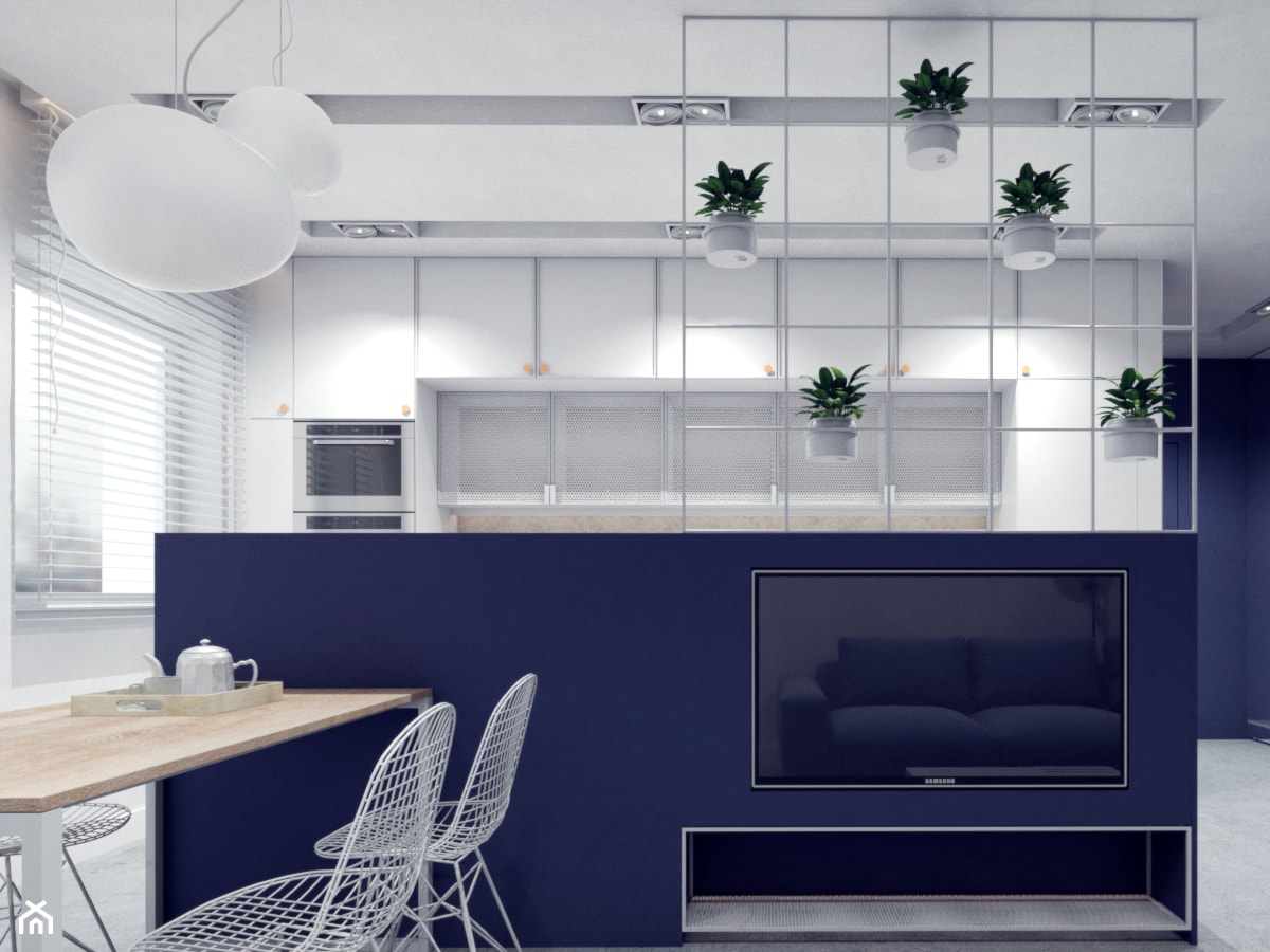 Salon / jadalnia / kuchnia - styl nowoczesny - minimalizm, granat, biel i ażur - zdjęcie od NIÑAS New Interior Architecture Studio - Homebook