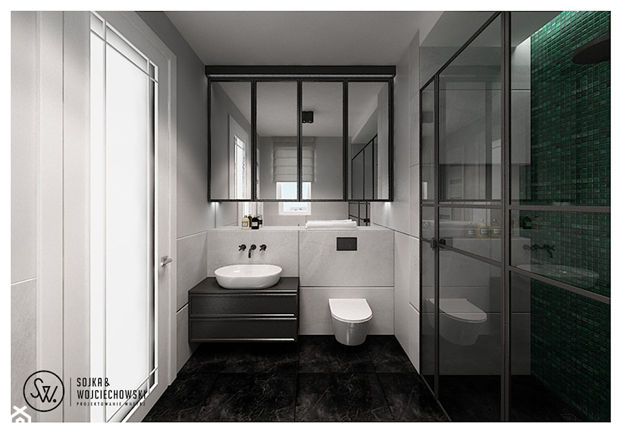 KAZIMIERZOWSKA - Średnia z lustrem z marmurową podłogą z punktowym oświetleniem łazienka z oknem - zdjęcie od SOJKA & WOJCIECHOWSKI