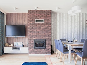 Realizacja domu jednorodzinnego - Średni beżowy biały szary salon z jadalnią, styl nowoczesny - zdjęcie od Projektowanie wnętrz Karolina Rożek