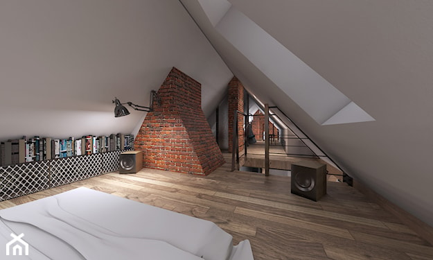 sypialnia na poddaszu, drewniana podłoga, biała pościel