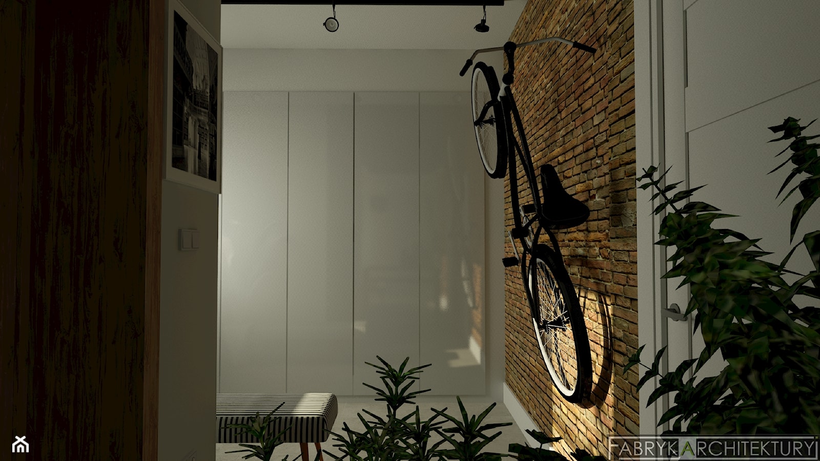 Męski hol z rowerem na ścianie - zdjęcie od Fabryka Architektury Ewa Czerwińska - Homebook