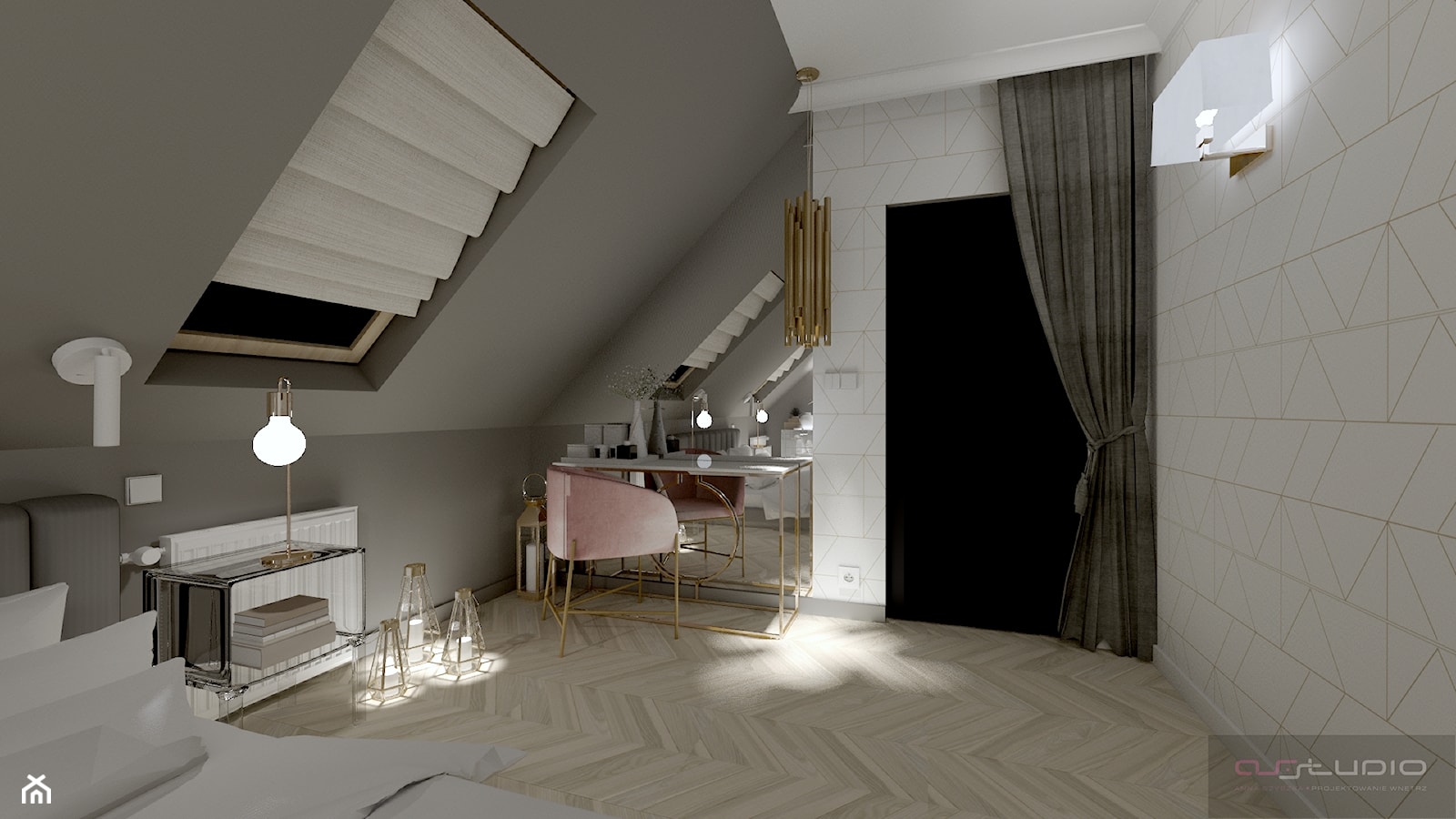 Sypialnia - Średnia biała szara sypialnia na poddaszu, styl nowoczesny - zdjęcie od AS studio - Homebook