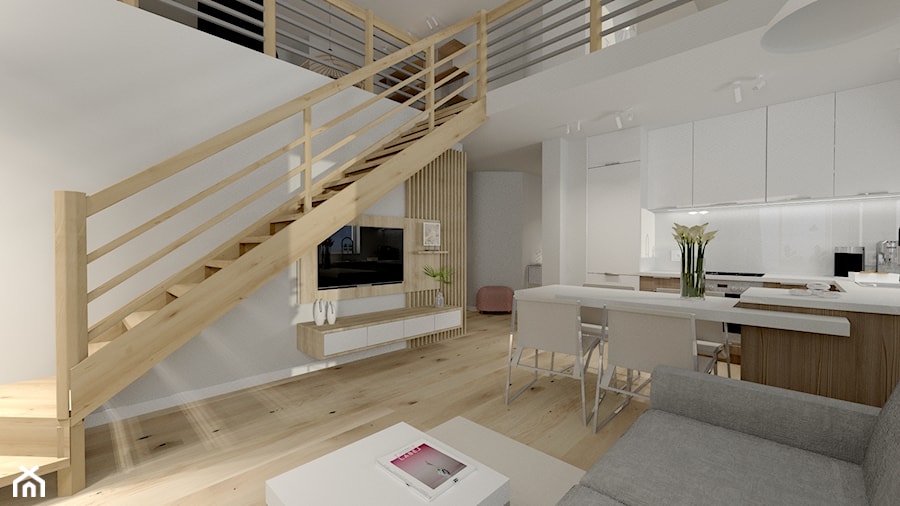 Apartament z antresolą - Średni biały salon z kuchnią z jadalnią z antresolą, styl nowoczesny - zdjęcie od AS studio