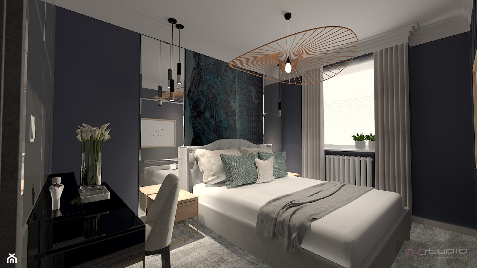 Klimatyczna sypialnia - Średnia niebieska z biurkiem sypialnia, styl nowoczesny - zdjęcie od AS studio - Homebook