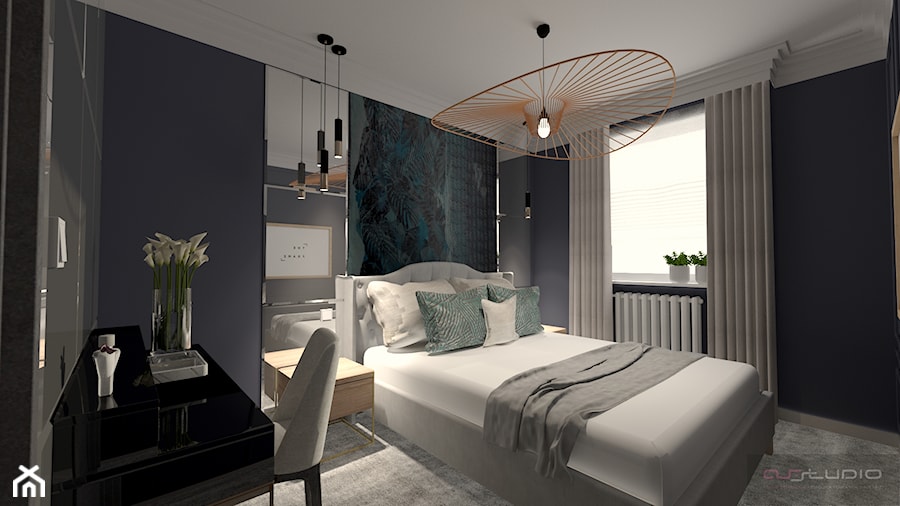 Klimatyczna sypialnia - Średnia niebieska z biurkiem sypialnia, styl nowoczesny - zdjęcie od AS studio