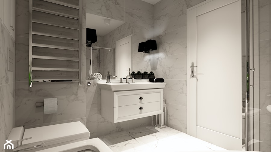 Domek w Darłowie - Mała bez okna z marmurową podłogą z punktowym oświetleniem łazienka, styl nowoczesny - zdjęcie od AS studio