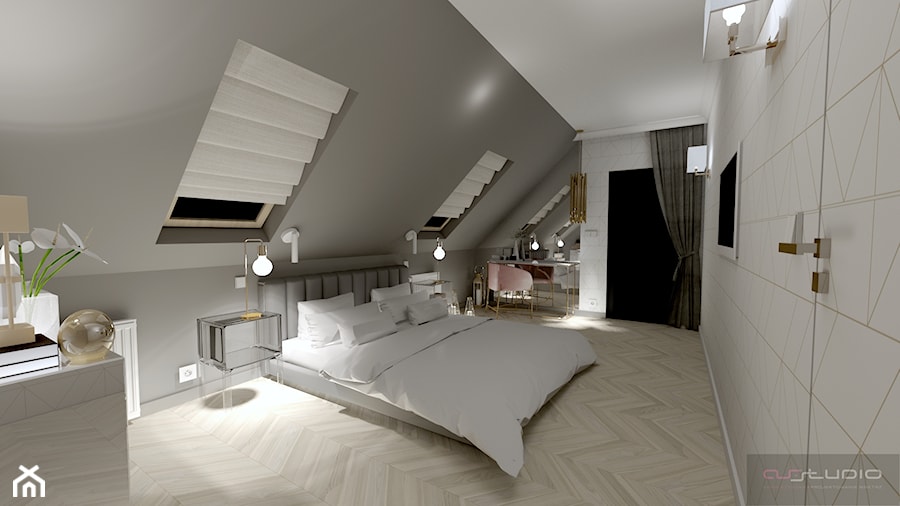 Sypialnia - Duża czarna szara sypialnia na poddaszu, styl nowoczesny - zdjęcie od AS studio