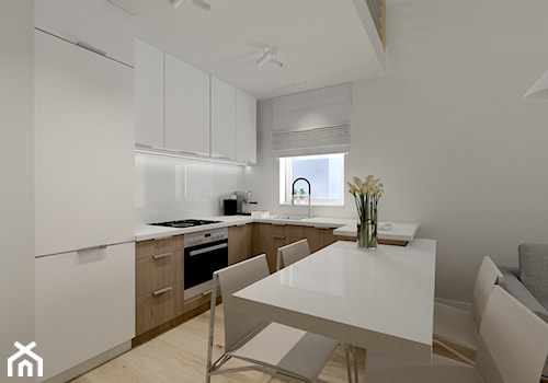 Apartament z antresolą - Mała otwarta z salonem z kamiennym blatem biała z zabudowaną lodówką z lodówką wolnostojącą z nablatowym zlewozmywakiem kuchnia w kształcie litery u z oknem, styl nowoczesny - zdjęcie od AS studio