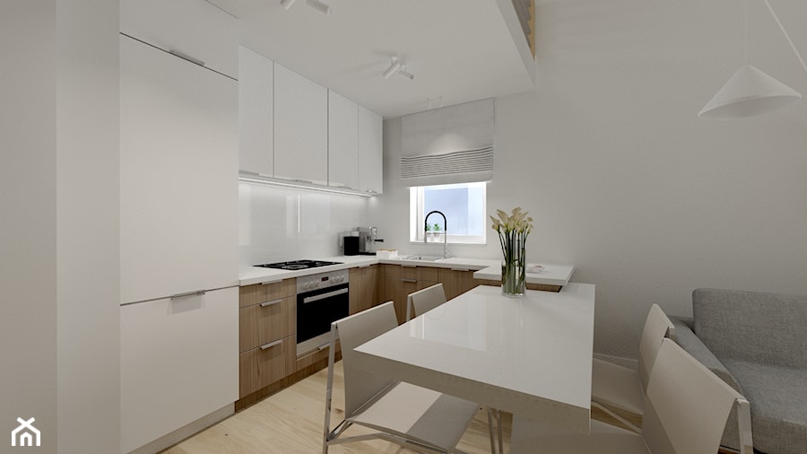 Apartament z antresolą - Mała otwarta z salonem z kamiennym blatem biała z zabudowaną lodówką z lodówką wolnostojącą z nablatowym zlewozmywakiem kuchnia w kształcie litery u z oknem, styl nowoczesny - zdjęcie od AS studio