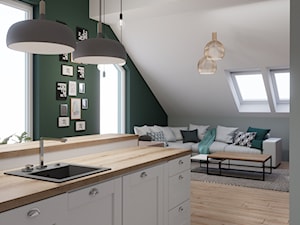 Projekt zabudowy aneksu z salonem na poddaszu - Mała otwarta z salonem biała zielona z zabudowaną lodówką z nablatowym zlewozmywakiem kuchnia jednorzędowa z oknem - zdjęcie od Leon Design