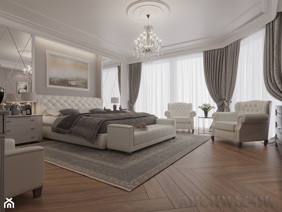 Sypialnia w stylu nowoczesna klasyka - Duża beżowa szara sypialnia, styl tradycyjny - zdjęcie od archwiz-ok