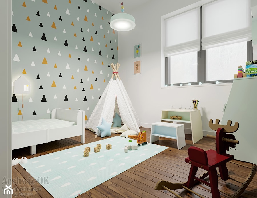 dom w stylu skandynawsim - Średni biały szary pokój dziecka dla dziecka dla chłopca dla dziewczynki, styl skandynawski - zdjęcie od archwiz-ok