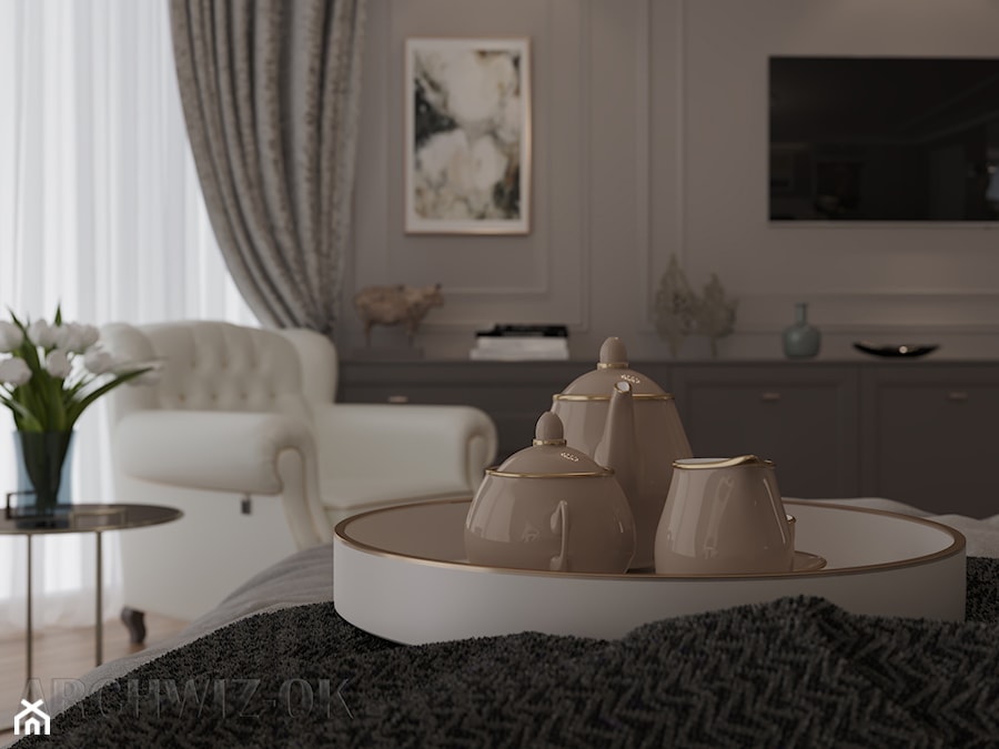 Sypialnia w stylu nowoczesna klasyka - Średnia szara sypialnia, styl tradycyjny - zdjęcie od archwiz-ok