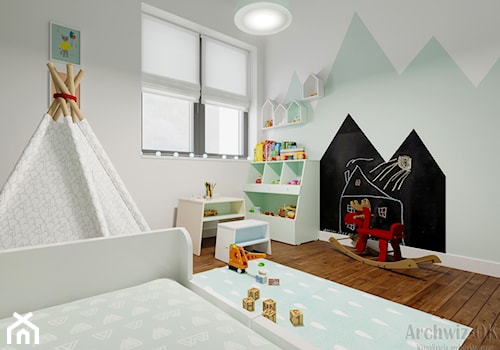 dom w stylu skandynawsim - Średni biały czarny niebieski pokój dziecka dla dziecka dla chłopca dla dziewczynki, styl skandynawski - zdjęcie od archwiz-ok