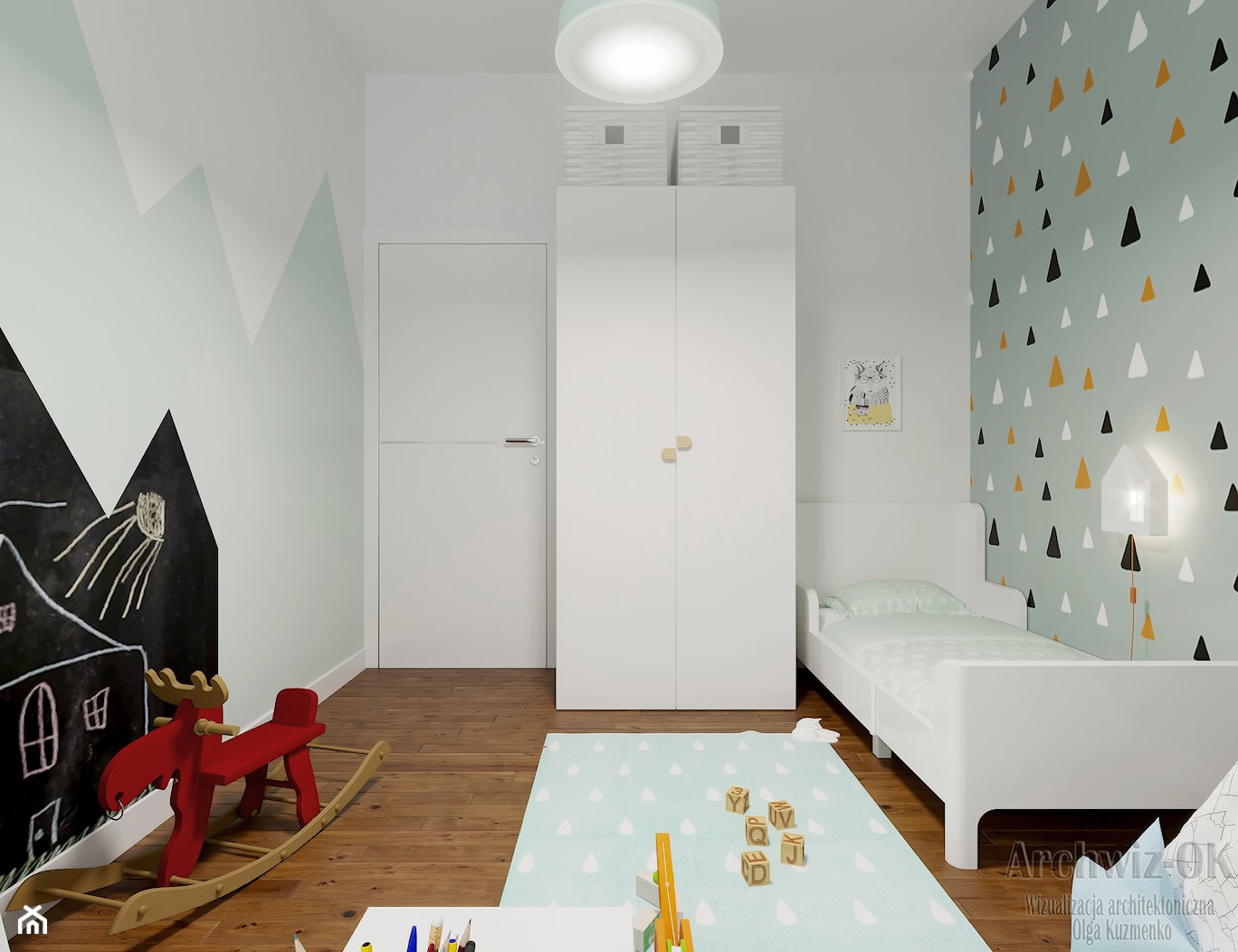 dom w stylu skandynawsim - Średni biały szary pokój dziecka dla dziecka dla chłopca dla dziewczynki, ... - zdjęcie od archwiz-ok - Homebook