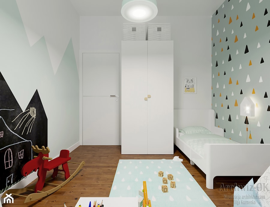 dom w stylu skandynawsim - Średni biały szary pokój dziecka dla dziecka dla chłopca dla dziewczynki, styl skandynawski - zdjęcie od archwiz-ok