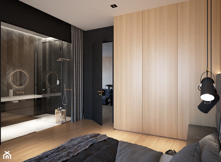 Apartament pokazowy w Warszawie - Średnia czarna sypialnia z łazienką, styl nowoczesny - zdjęcie od Visual Performers