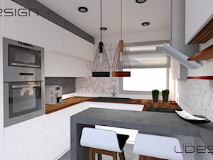 Projekt ergonomicznej kuchni - Średnia otwarta szara z zabudowaną lodówką z lodówką wolnostojącą z nablatowym zlewozmywakiem kuchnia w kształcie litery g z oknem, styl nowoczesny - zdjęcie od LDesign Gliwice